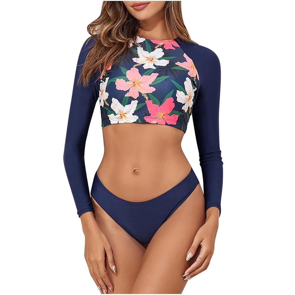 Amazon.com: Women Floral Long Sleeve Cropped Rash Guard